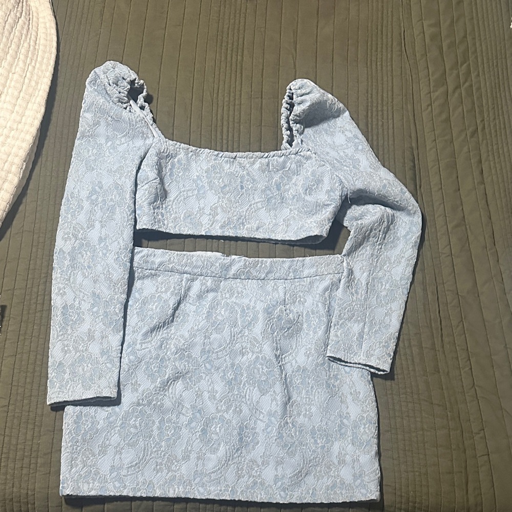 naked wardrobe Light Blue Lace Long Sleeve Two-Piece Dress